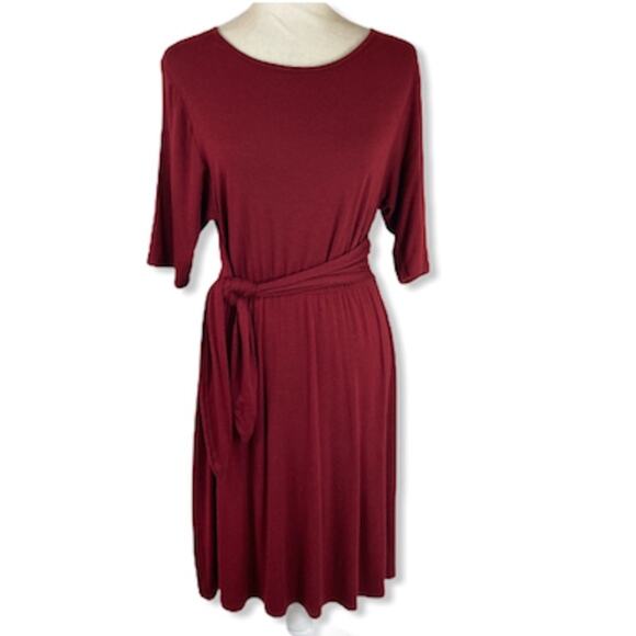 Burgundy knit midi dress tie front size large stretch knit jersey by Loveappella - Picture 3 of 7